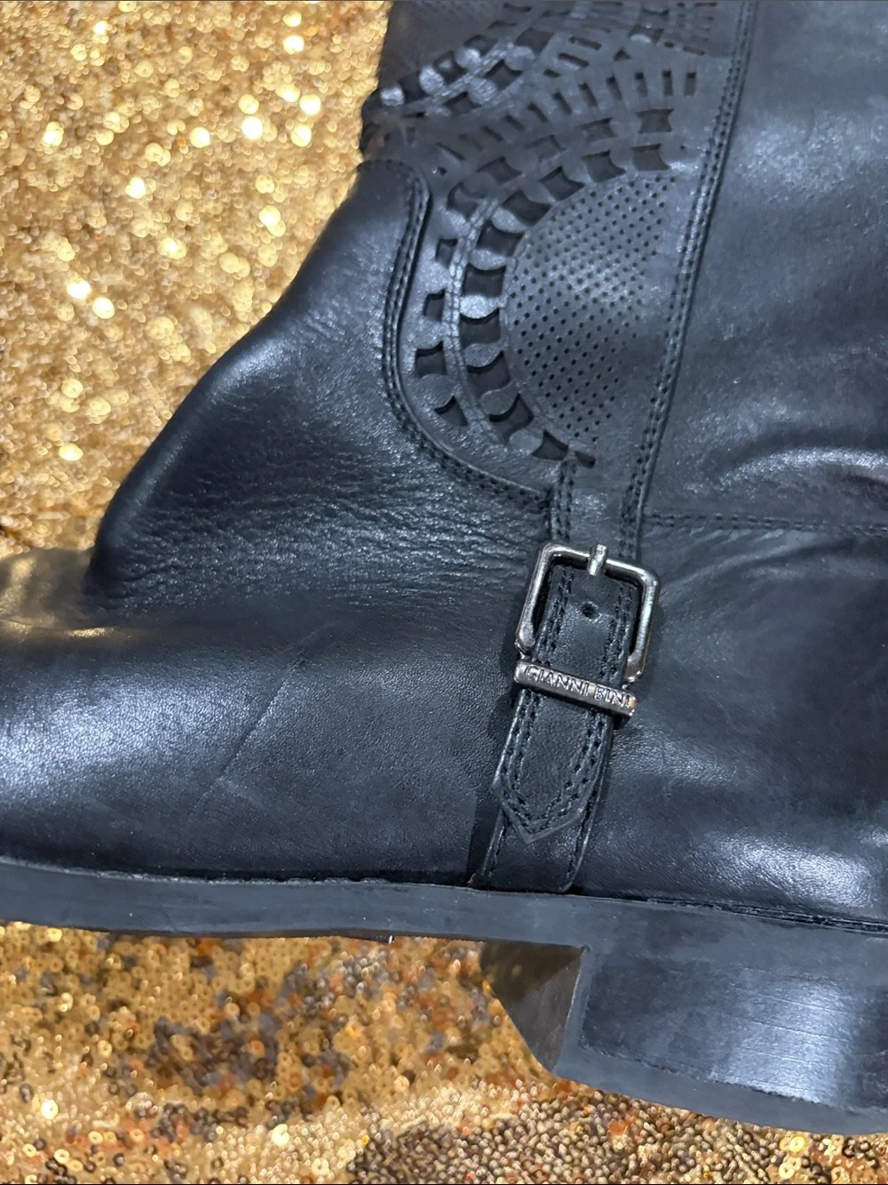 Gianni Bini Black Leather Laser-Cut Knee-High Boots